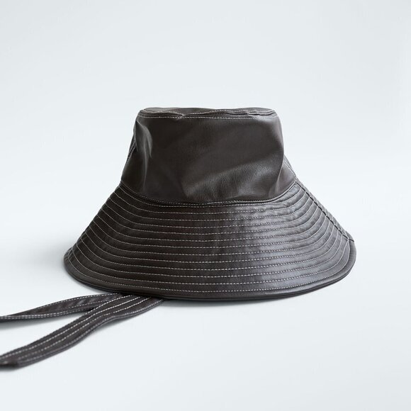 NWT Zara brown faux leather bucket hat with self-tie detail, S - Picture 3 of 12